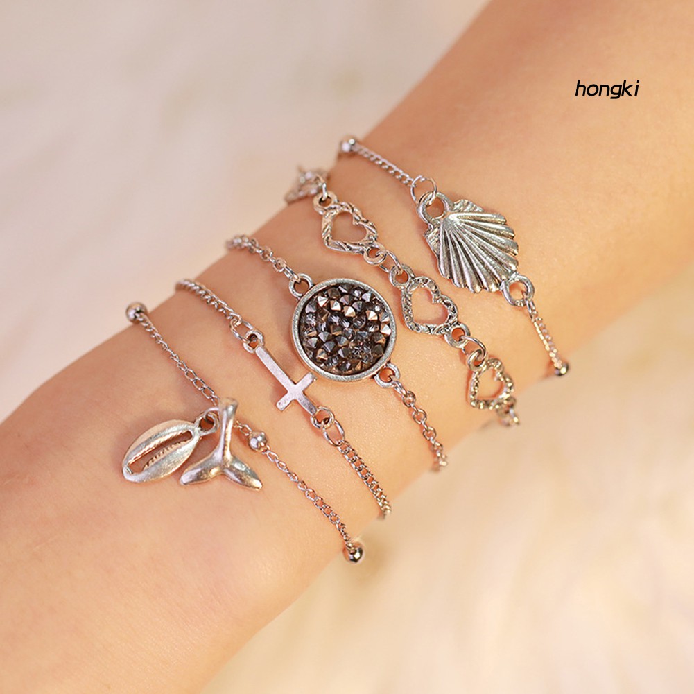 (Hàng Mới Về) Set 5 Vòng Tay Đính Vỏ Sò / Trái Tim Thời Trang Đi Biển Cho Nữ