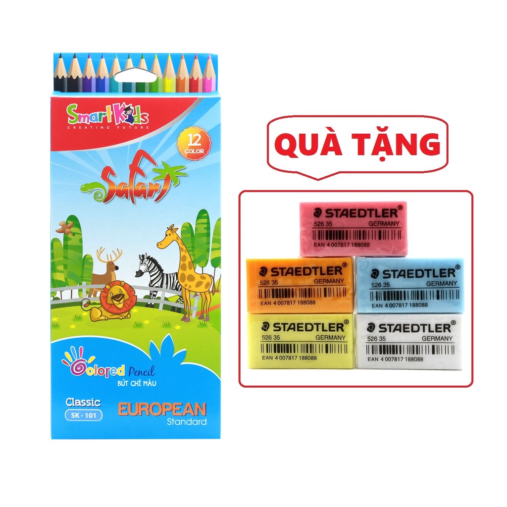 Bút chì màu 12 màu Smartkids Classic SK-101 - Tặng 1 tẩy chì Staedtler