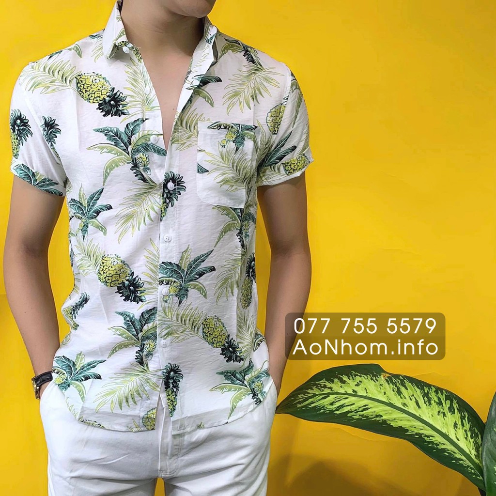 Áo sơ mi đi biển mềm mát - Thơm dứa, Lá cây dừa Trắng (Có đủ size Em Bé, S, M, L, XL, XXL)