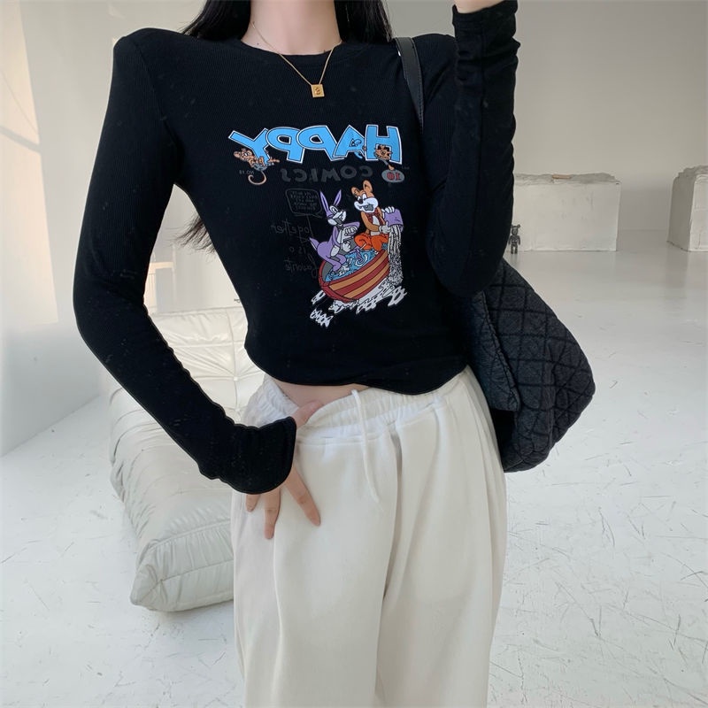 Jiashucheng Áo Thun Ngắn Mỏng Dáng Ôm In Họa Tiết Phong Cách Phương Tây Thời Trang Thu Đông Dễ Phối Đồ Dành Cho Bạn Nữ @ -