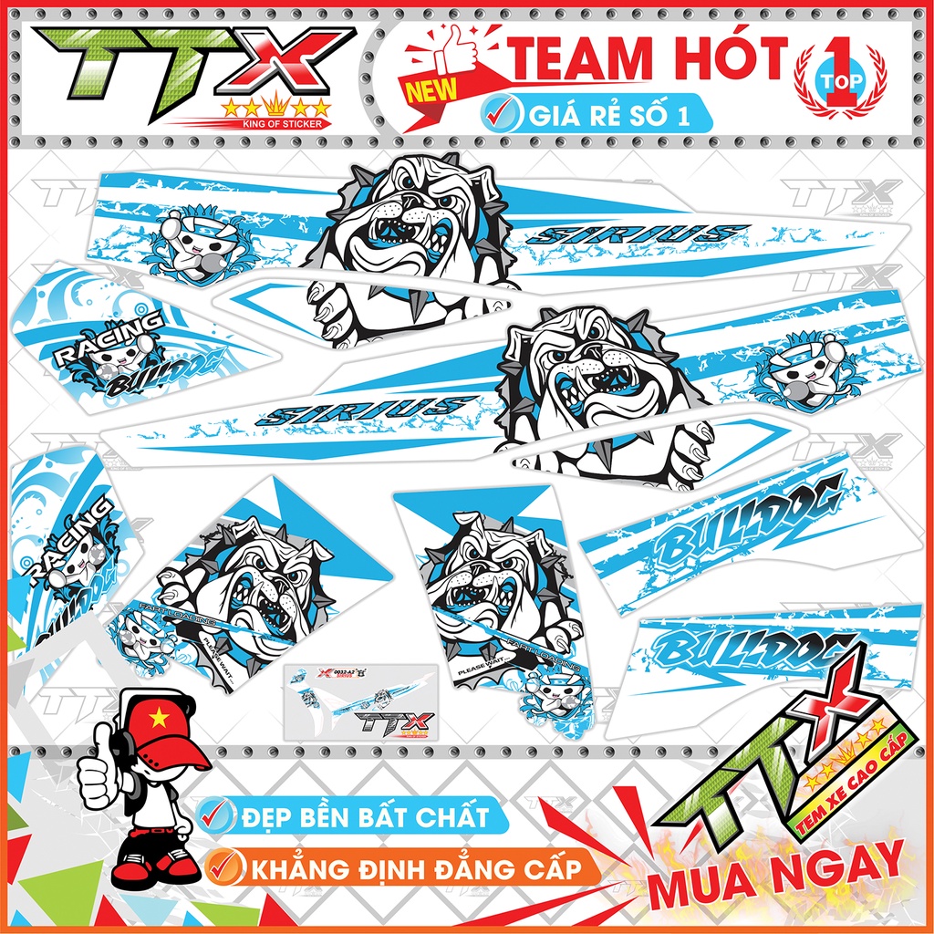 Tem rời sirius bulldog , Team chế sirius dán xe màu xanh nền trắng siêu đẹp , Shop TTX Tem xe sirius mã