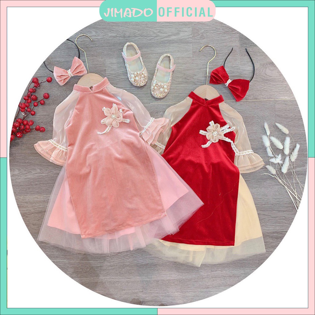 Váy đầm áo dài nhung cách tân tay phối voan hoa cài cho bé xinh xắn JIMADO SC286