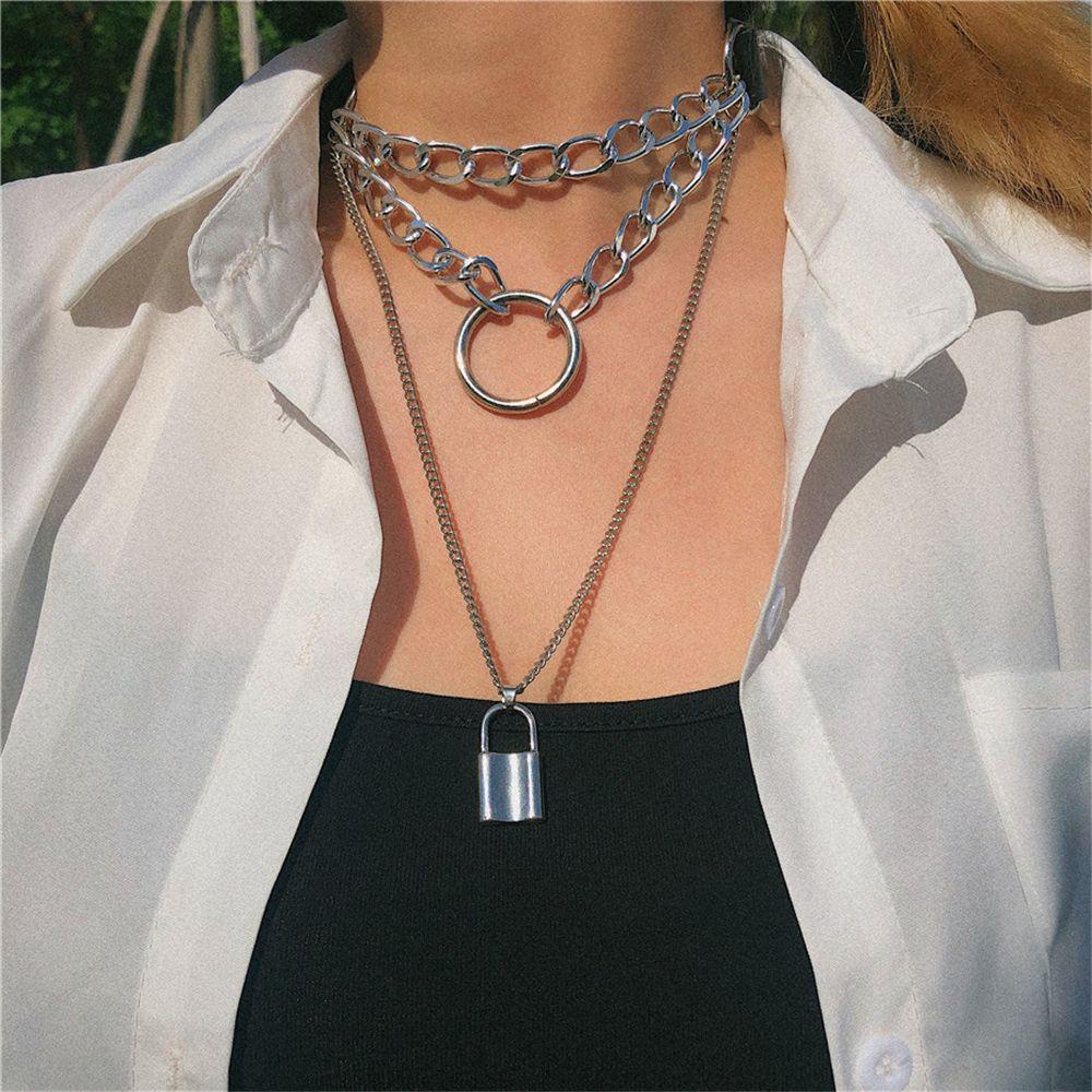 CACTU Cool Dark Gothic Party Jewelry Rivet Choker Punk Necklace Biker Rock Stainless Steel Multi-Layer Chain Women Mens Hip Hop Lock Pendant