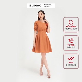 Đầm xòe nữ nhún eo tay lỡ GUMAC màu gạch trơn thanh lịch, đủ size DB419