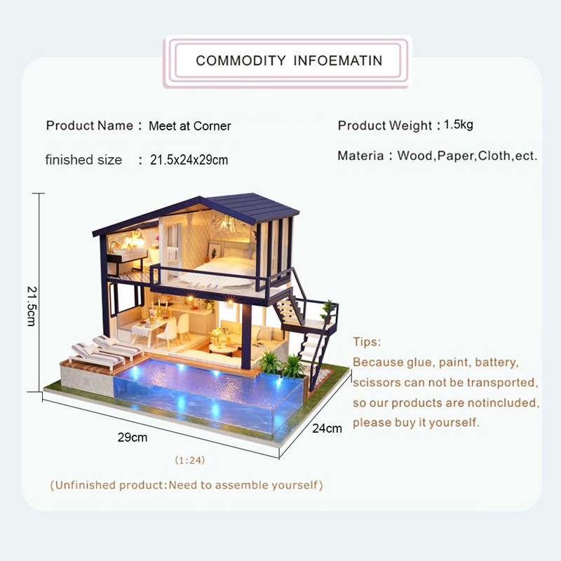 Nhà búp bê Tự làm bằng gỗ [Nhà có nội thất &amp; đèn LED &amp; Âm nhạc ]