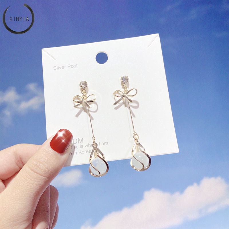 Khuyên Tai Dáng Dài Đính Nơ Xinh Xắn Phong Cách Hàn Quốc