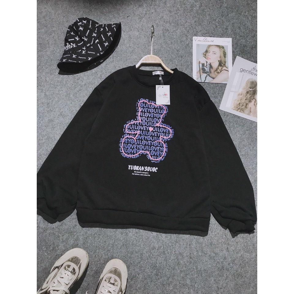 Áo sweater in hình gấu vải nỉ thu đông co dãn, from rộng dài tay