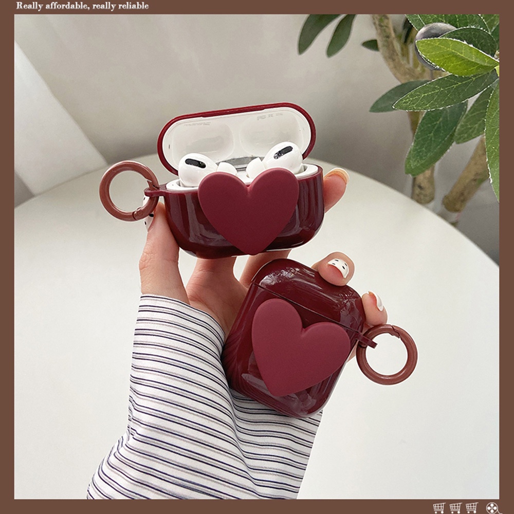 Vỏ Bảo Vệ Hộp Sạc Tai Nghe Airpods 1 2 3 Pro Bằng Silicon Mềm Hình Trái Tim Màu Đỏ Burgundy 3D