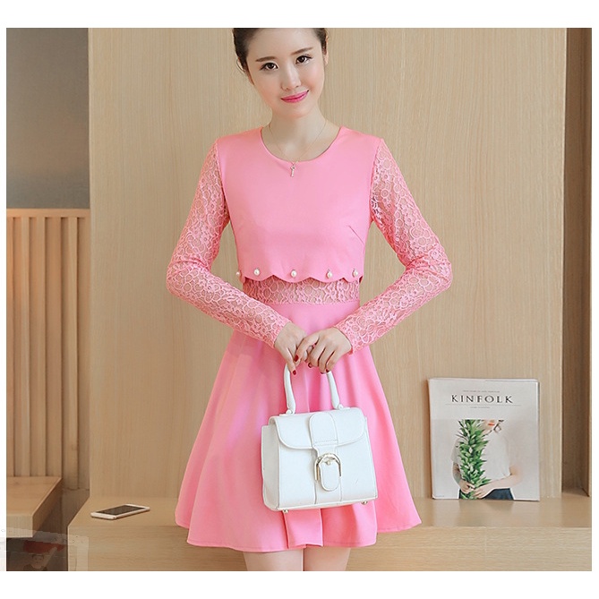 Váy phối ren, váy ren eo sóng, chất liệu umi dày mịn  co giãn