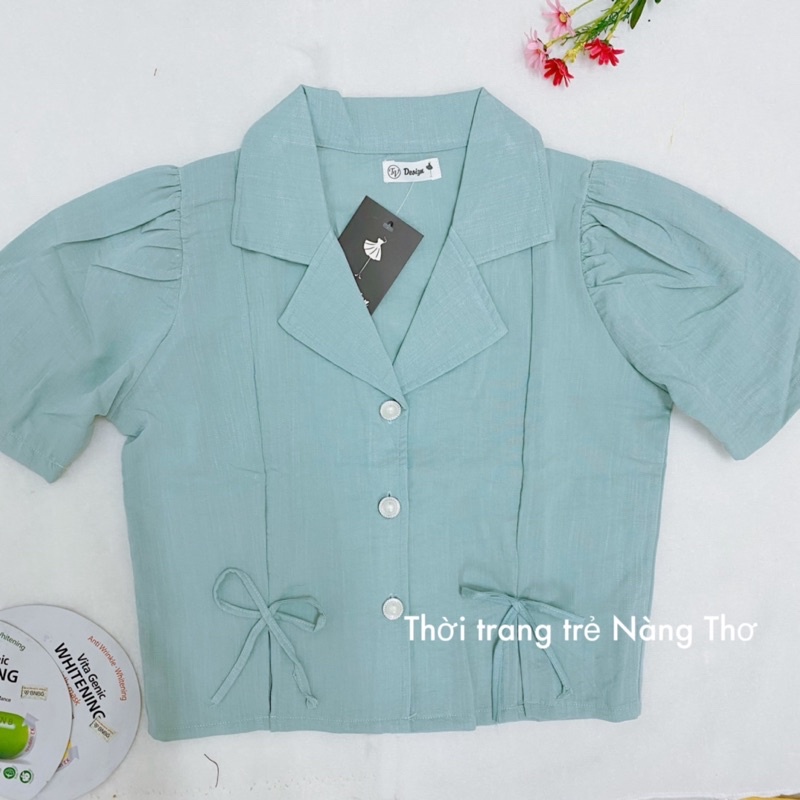 Áo Croptop cổ vét gắn nơ xinh vải đũi Hàn dễ thương