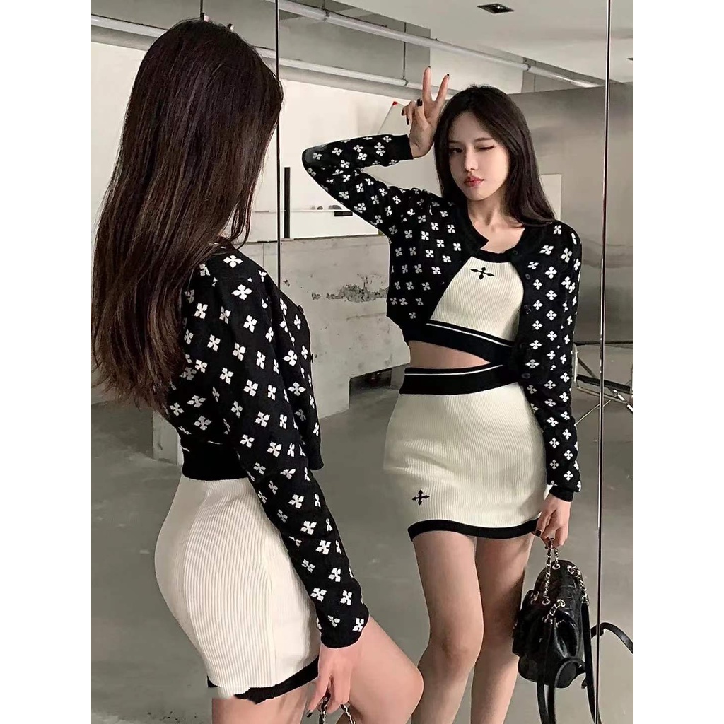 Cocory vn Áo khoác cardigan/set áo không tay và chân váy lưng cao kiểu dáng thời trang cho nữ (có bán lẻ)