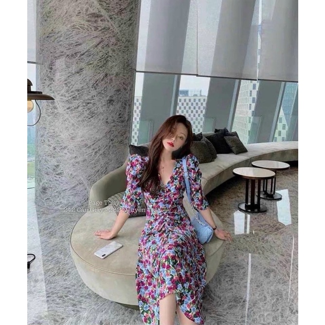 Váy maxi hoa tím đâm tay lửng rút giữa cổ V quyến rũ