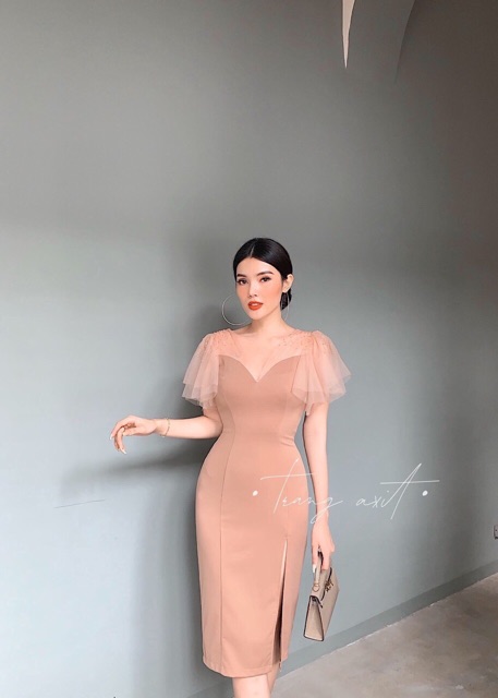 Đầm Body Phối Lưới Xẻ Tà ĐEN/NUDE/ĐỎ xt