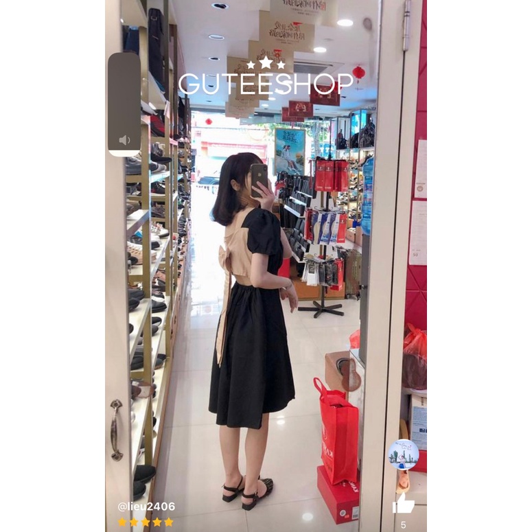Đầm nữ dáng xòe cổ vuông phối nơ sau lưng