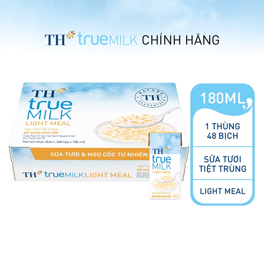 Thùng 48 hộp sữa tươi tiệt trùng TH True Milk Light Meal bổ sung ngũ cốc 180ml (180ml x 48)