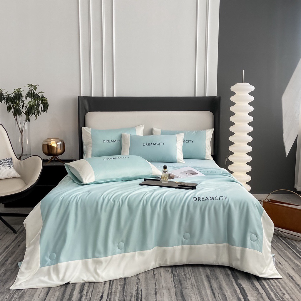 Set 5 món chăn ga Dreamcity, bộ chăn ga gối chất phi lụa màu pastel tặng kèm vỏ gối ôm