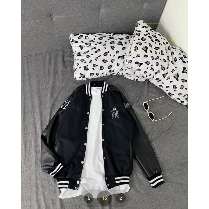 Áo Khoác Bomber 03 Tay Phối Da Unisex 🦋 Jacket Dáng Thể Thao Đen Cổ Viền Nỉ Freesize Ulzzang Nam Nữ Hot🦋