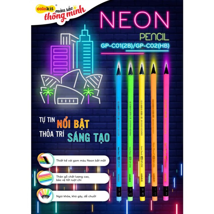 ( 1 Hộp 5 Cây ) Bút Chì Gỗ Neon 2B GPC02 Thiên Long Camshop