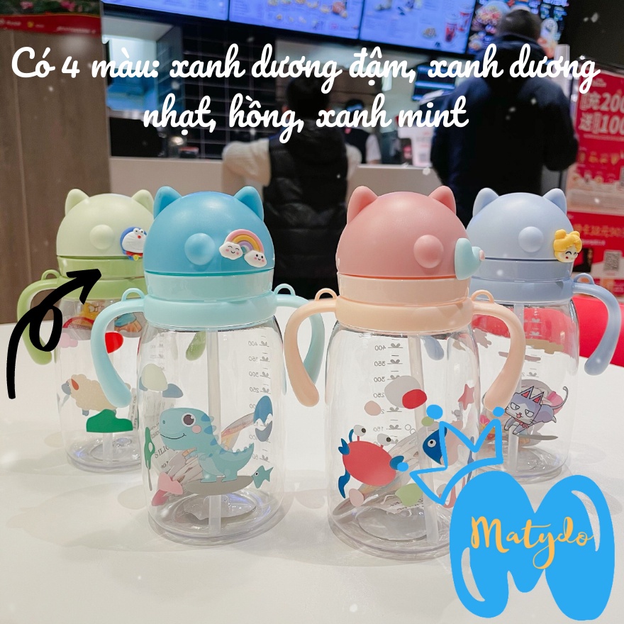 Bình nước tập uống cho bé 550ml nắp bật có tay cầm tiện dụng nhiều hình ngộ nghĩnh BN10