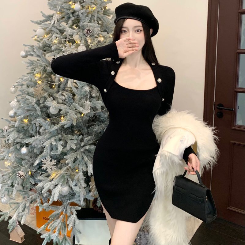 Váy đầm body dài tay cổ vuông ⚡𝙁𝙍𝙀𝙀𝙎𝙃𝙄𝙋⚡ Váy dáng ôm sexy, sang chảnh, tôn dáng, chất liệu cotton co dãn 4 chiều | BigBuy360 - bigbuy360.vn