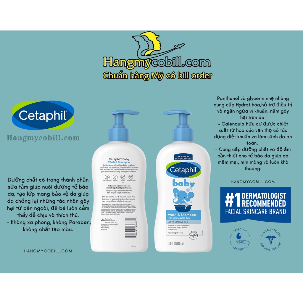 Tắm gội Cetaphil Baby Wash Shampoo with organic 399ml, order Mỹ