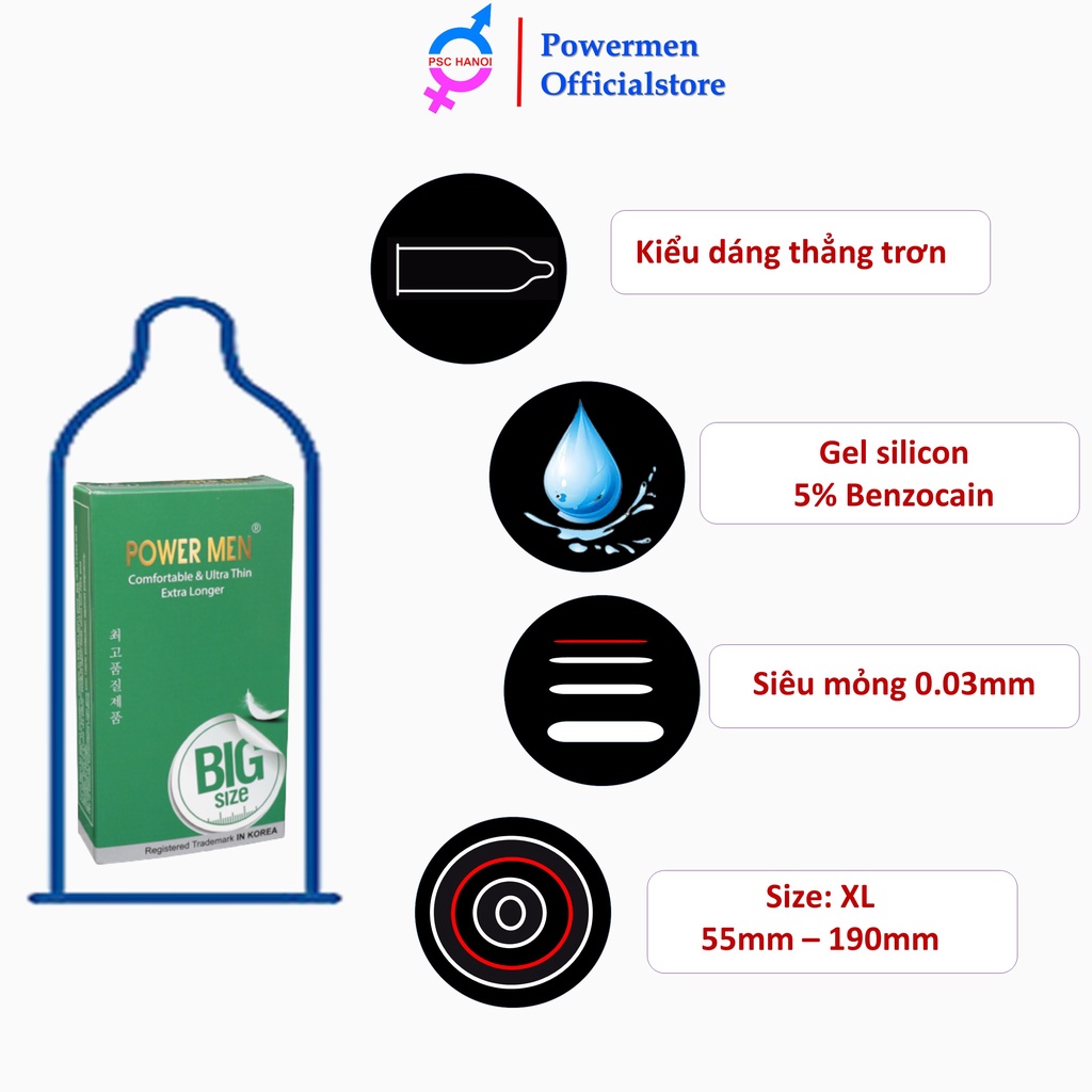 Bao cao su Powermen Comfortable Ultrathin longer siêu mỏng trơn size lớn 55mm chứa 5% benzocain kéo dài thời gian 12 BCS