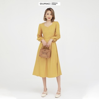 Đầm xòe nữ vintage tay dài GUMAC thiết kế tiểu thư màu vàng DB502
