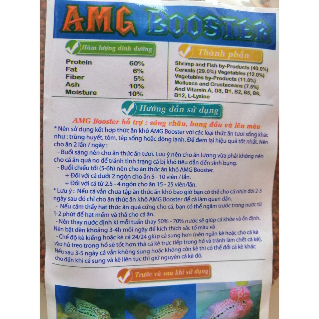 Thức ăn cho cá la hán AMG BOOSTER hỗ trợ sáng châu, bung đầu và lên màu, gói 100g