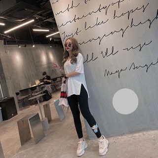 Áo phông nữ xẻ tà dáng rộng dấu quần, áo thun cộc tay nữ oversize cổ tim có túi trẻ trung