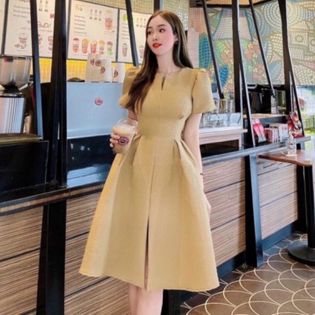 Đầm gấm xoè dự tiệc, dạo phố, công sở chất gấm nổi sang trọng