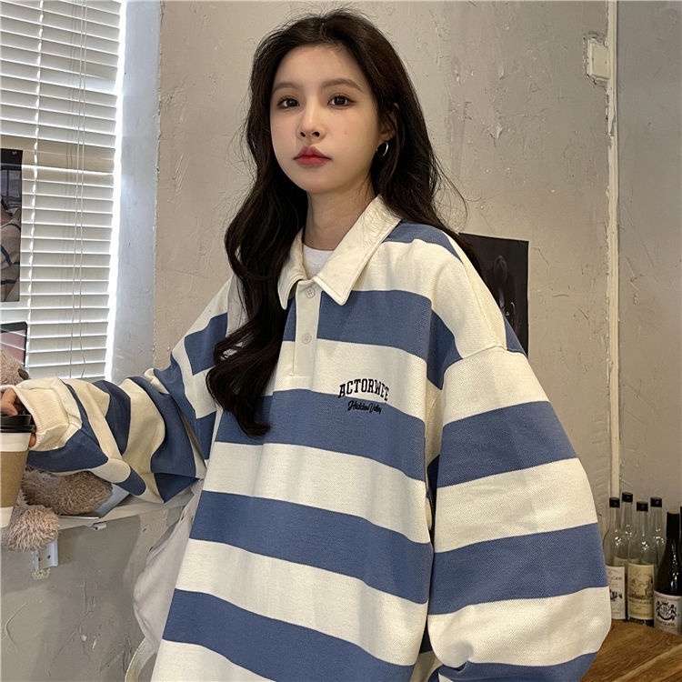 Áo Thun POLO Họa Tiết Kẻ Sọc Thêu Chữ Phong Cách Hàn Quốc Thời Trang Mùa Thu Cho Nữ