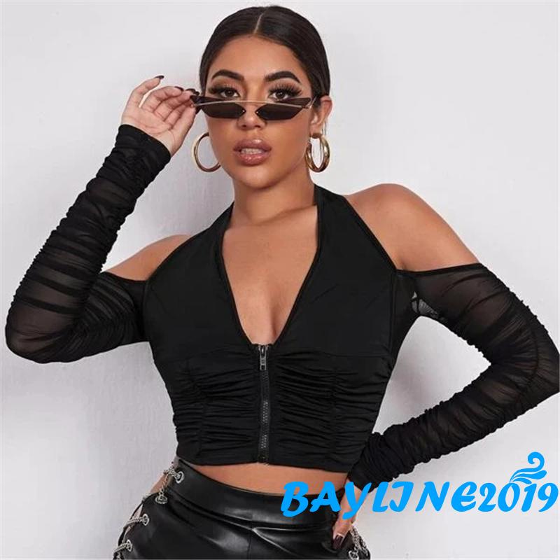 Áo Croptop Trễ Vai Tay Dài Phối Khoá Kéo Cho Nữ