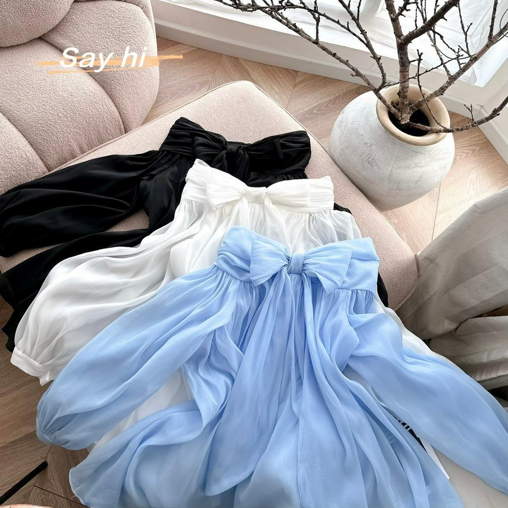 Đầm trễ vai tay phồng phối nơ 3 màu bigsize  n523