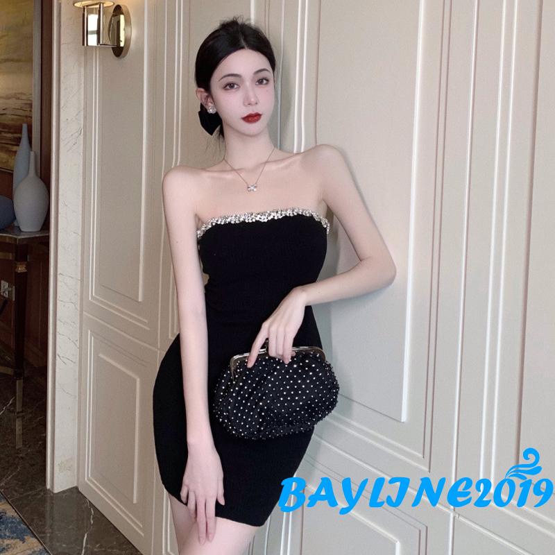 BAY-Female Bodycon Dress, Rhinestones Sleeveless Strapless Short One-Piece Streetwear for Summer, Black