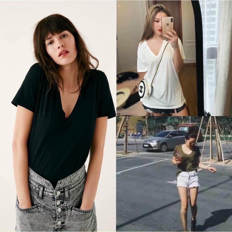 Áo thun/ áo phông cotton nữ cổ tim Zara thoáng mát  - mua lẻ / set 4