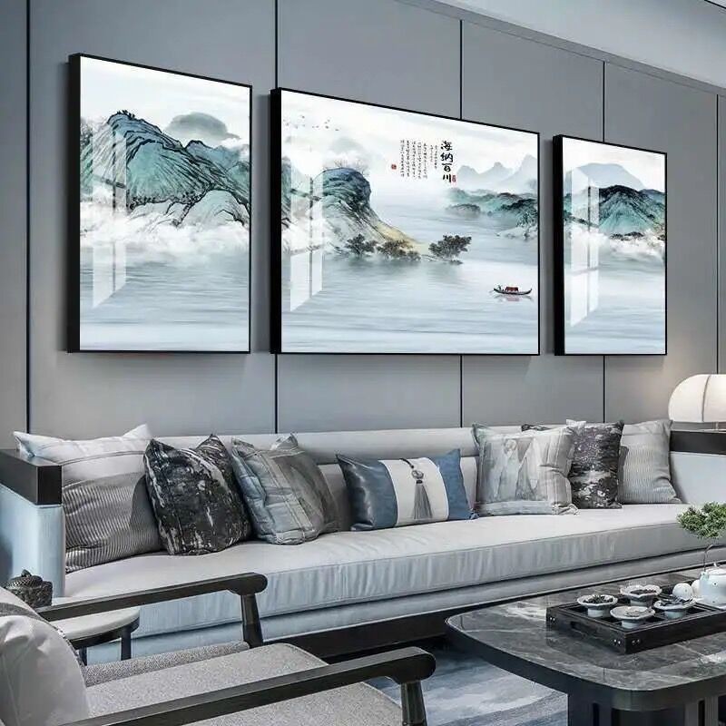 Tranh trang trí phòng khách theo phong cách Trung Quốc cảnh ủng hộ thủy hiện đại tối giản bức sofa nền tường ba chân