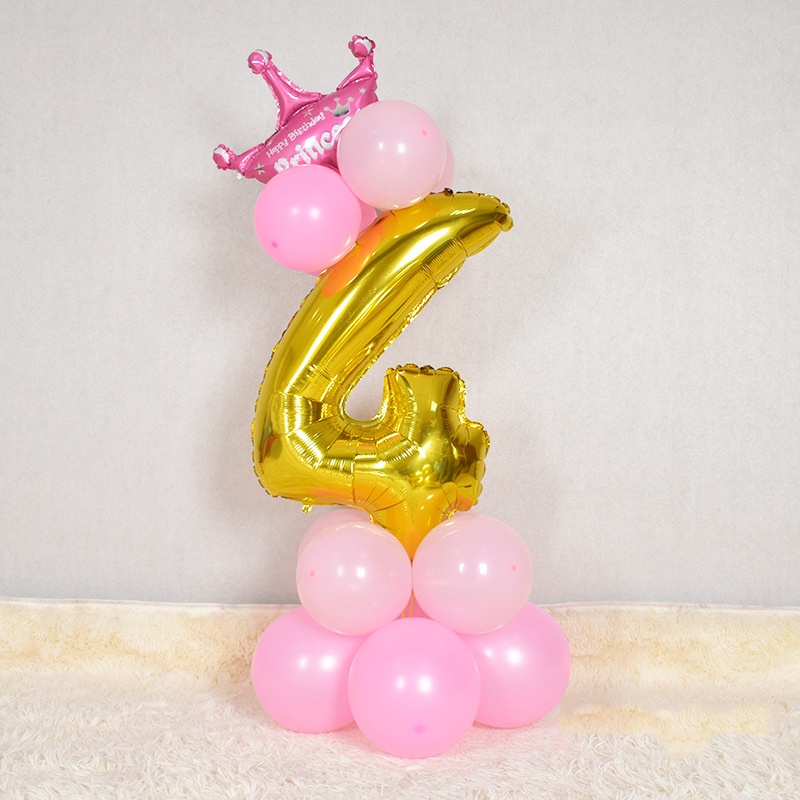 Combo bóng số vàng 70cm kèm bóng tròn vương miện hồng trang trí