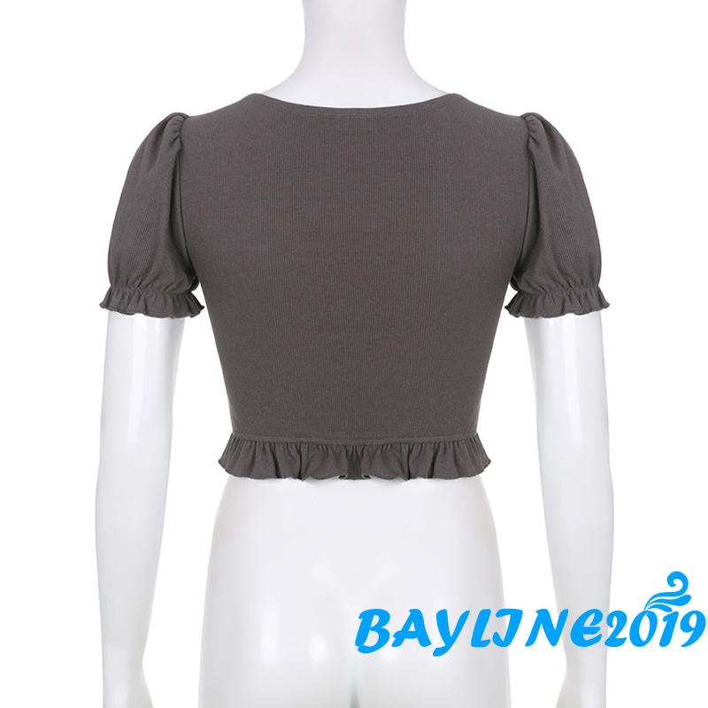 Áo Croptop Tay Phồng Ngắn Thiết Kế Dây Rút Phía Trước Thời Trang Mùa Hè Cho Nữ