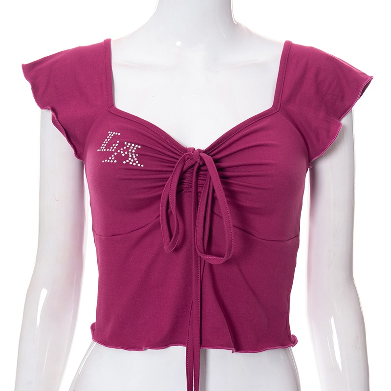 Áo Thun Cổ Vuông Hở Lưng Cột Dây Đính Đá Lấp Lánh Phong Cách Quyến Rũ