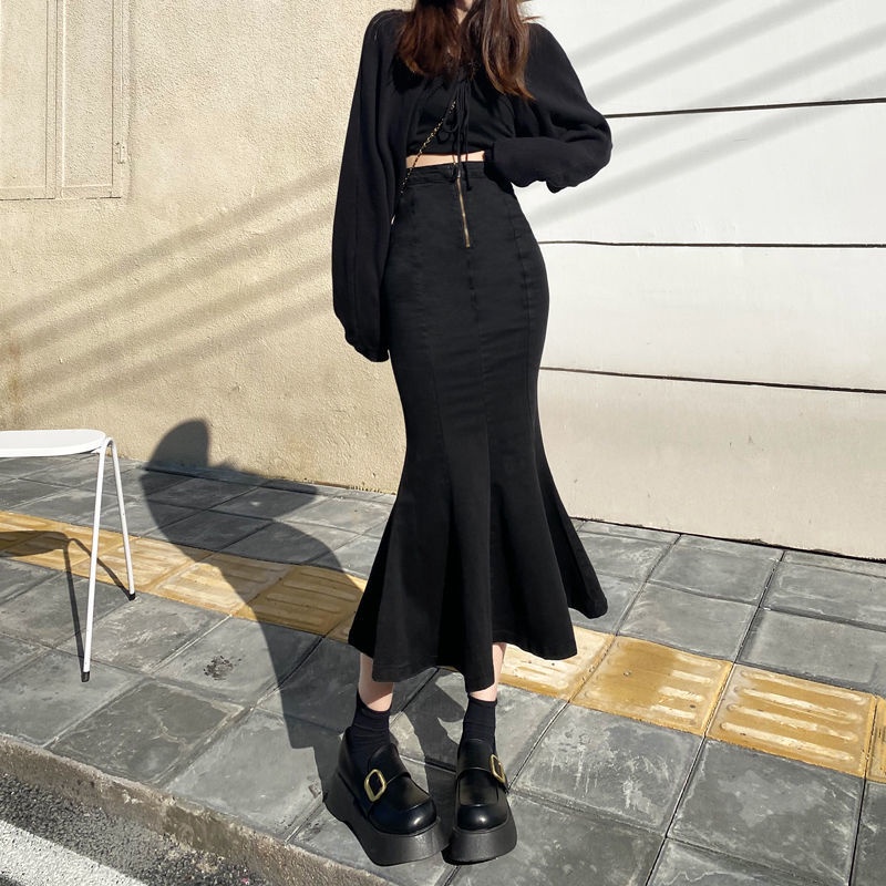 Chân Váy Denim Dài Ngang Hông Phong Cách Hàn Quốc Dễ Phối Đồ