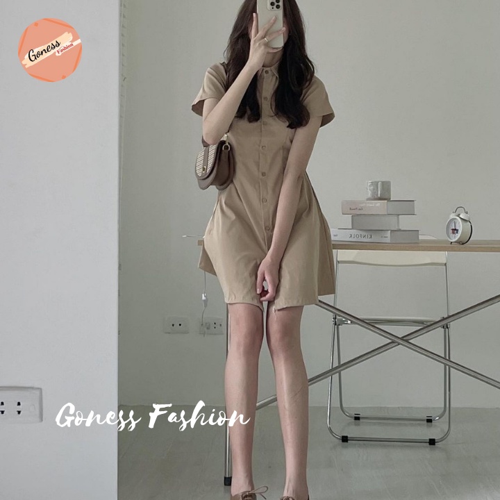 Váy đầm nữ Goness đẹp tay ngắn cổ sơmi dáng suông basic chất vải thô kaki cúc cài lưng chun chiết eo nhiều màu