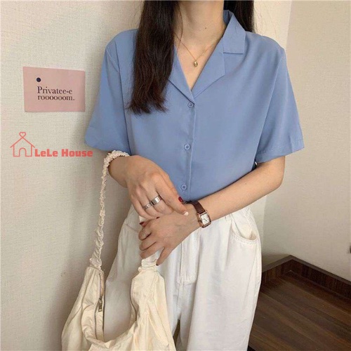 ÁO SƠ MI NỮ TAY NGẮN CỔ VEST CAO CẤP MÀU XANH DƯƠNG