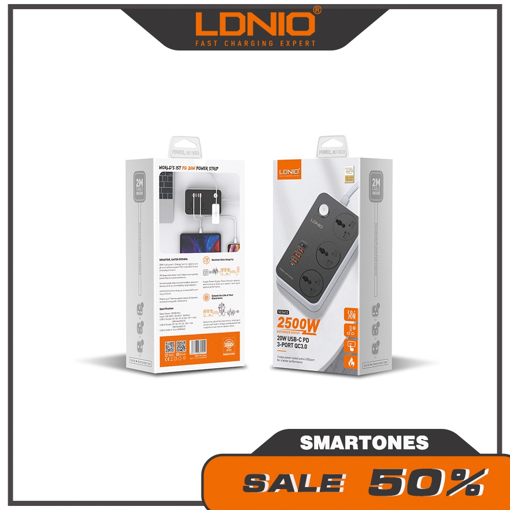 Ổ cắm điện thông minh LDINO SC3412 chịu tải 2500W - 3 Cổng AC + PD USB - C 20W + 3 USB - A QC3.0 cho điện thoại