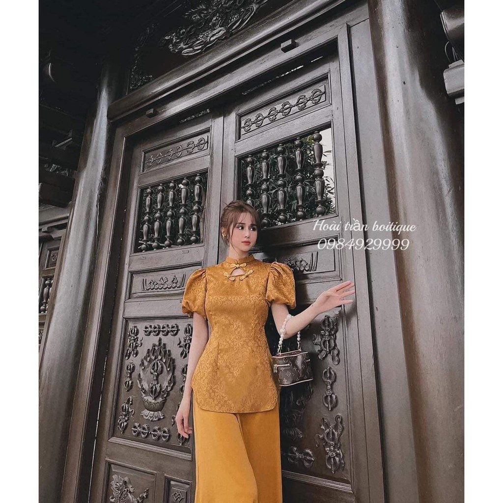 Đồ lam đi chùa nữ gấm thượng hải pháp phục đi chùa đẹp thiết kế tay phồng nút thủ công cao cấp trang nhã  LAMI STORE V8