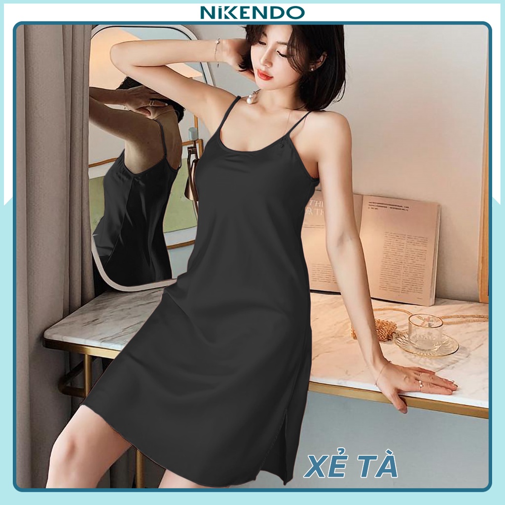Váy Ngủ Sexy Nikendo Đầm Ngủ Lụa Satin 2 Dây Xẻ Tà XT1