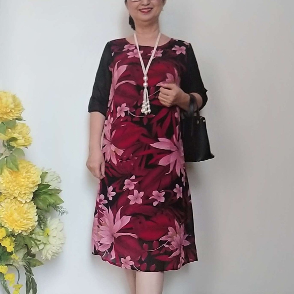 Váy Đầm Trung Niên - Vải Voan Hoa Lá Form Suông - Có Dây Kéo - Size Từ 50kg - 67kg