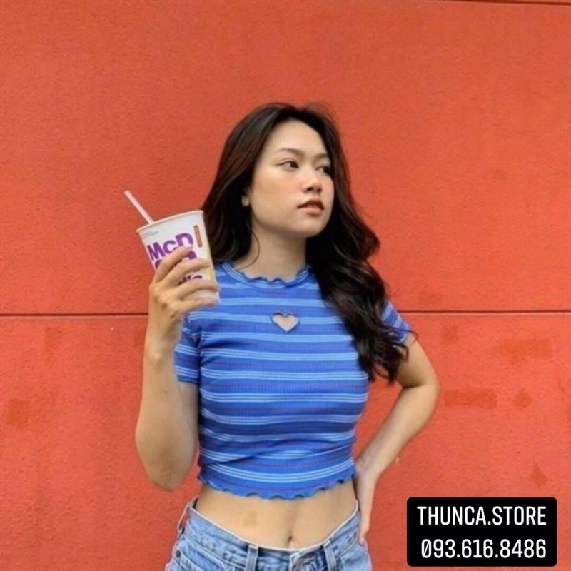 Áo kẻ sọc khoét tim tay ngắn thời trang nữ