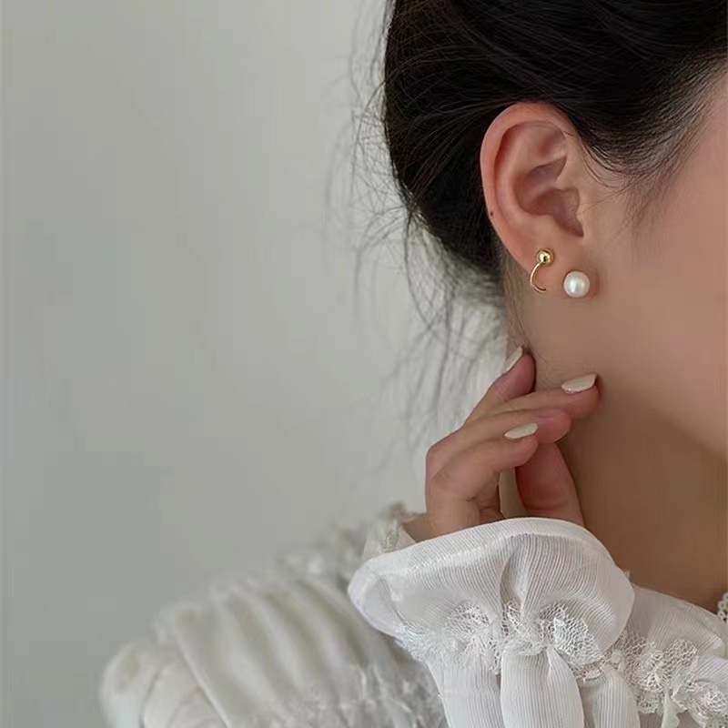 Bông tai 211016 đính ngọc trai phong cách Hồng Kông