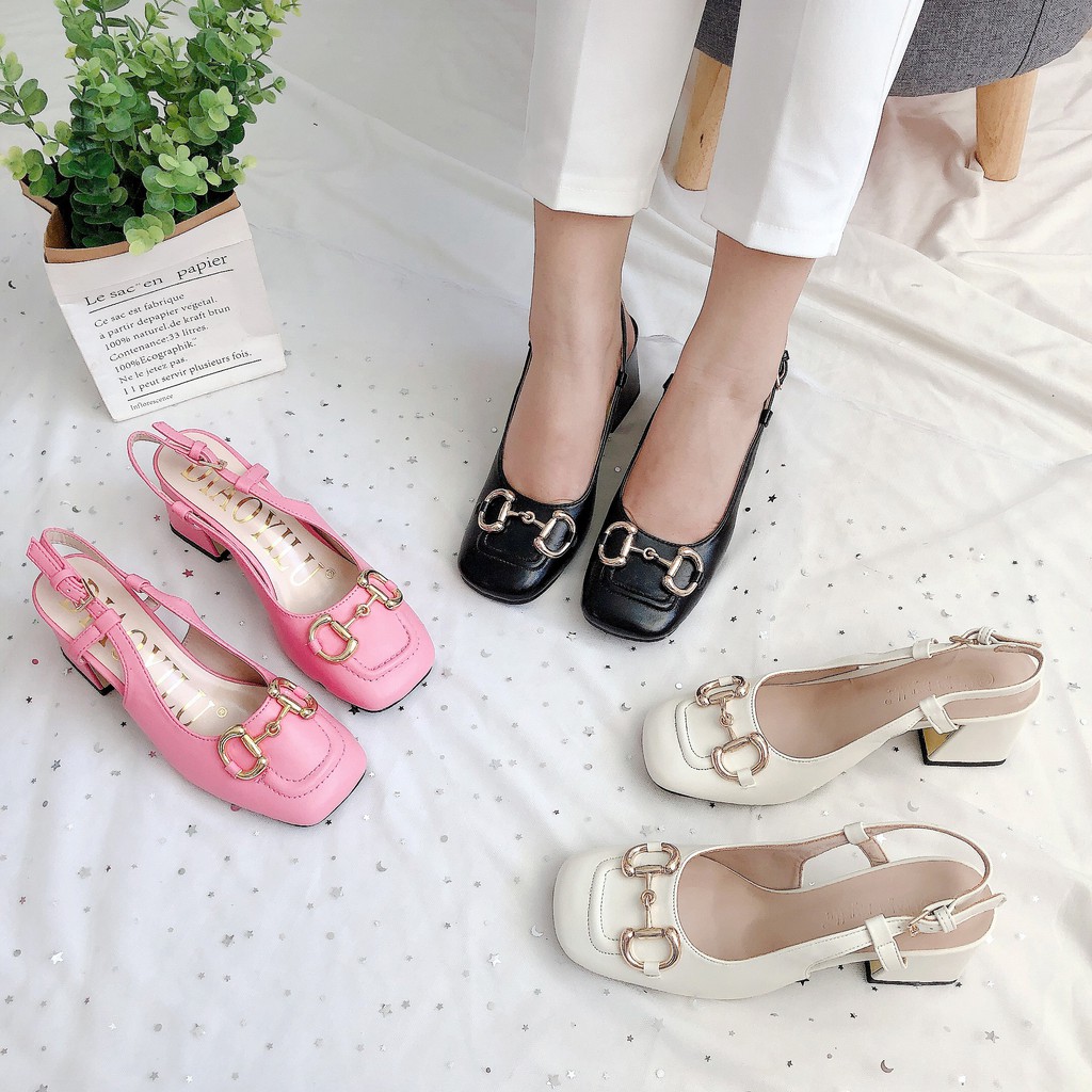 GIÀY SANDAL GÓT NỮ SLINGBACK KHUY NGANG 7P FULL BOX