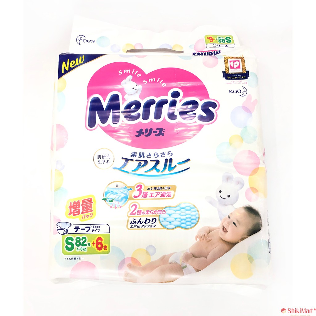 Bỉm - Tã dán Merrises Nhật Bản size S 82+6 miếng  (cho bé từ 4 - 8kg)